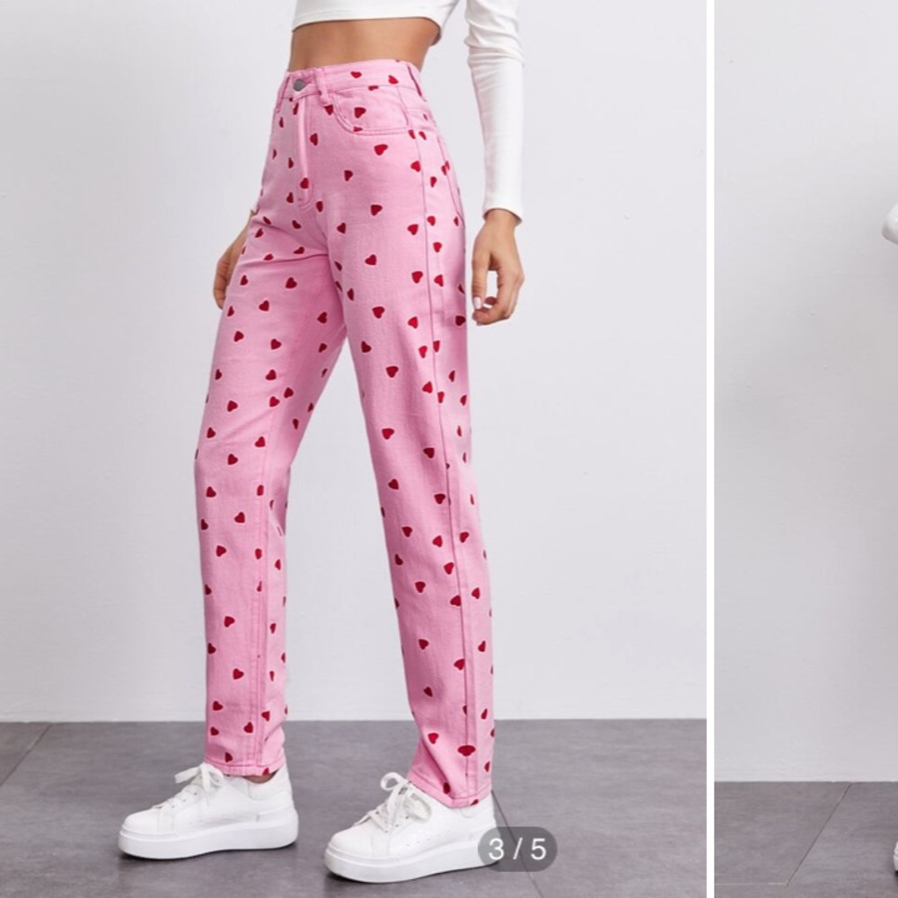 High waisted heart print straight jeans